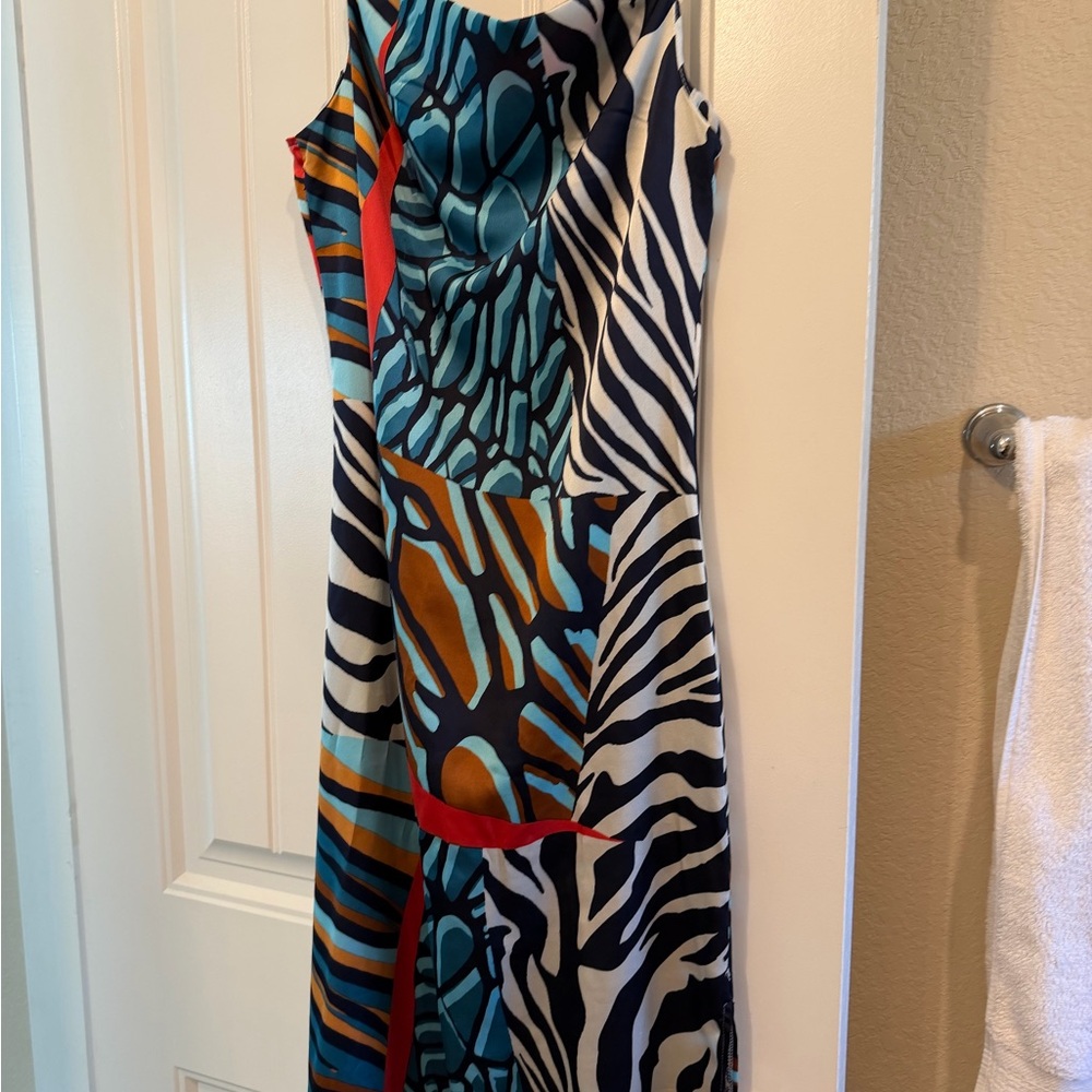 Vici Asymmetrical Dress with Blue and Black Patterns